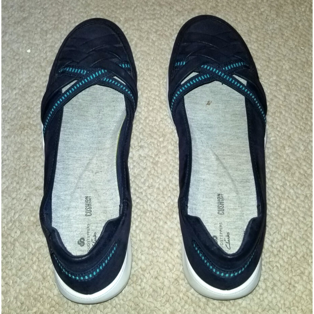 Womens Shoes-CLARKS CLOUDSTEPPERS-navy blue 'Adella Poppy' slip-on flats-9.5M